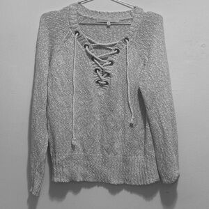Lovers + Friends Gray V-Neck Rope Lace-Up Sweater